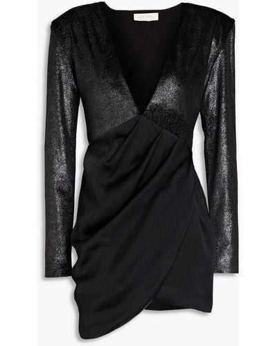 Matériel Wrap-effect Metallic Satin-paneled Velvet Mini Dress - Black