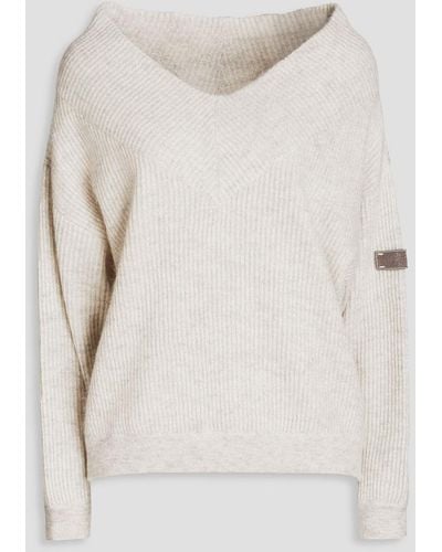 Brunello Cucinelli Bead-embellished Ribbed-knit Sweater - White