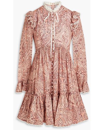 Zimmermann Lace-trimmed Paisley-print Linen Mini Dress - Pink