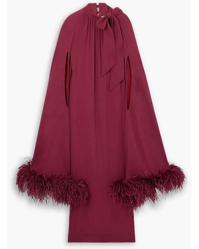 Huishan Zhang Willhemina Cape-effect Feather-trimmed Crepe Gown - Red