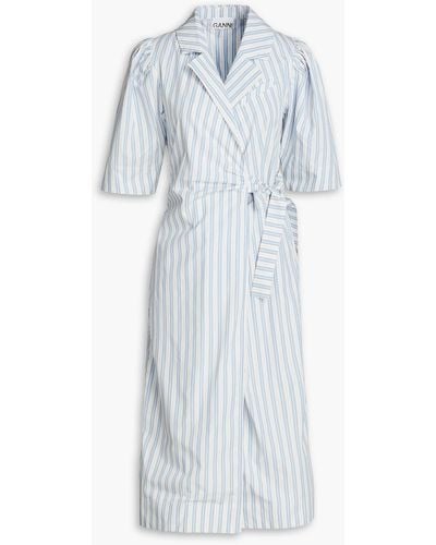 Ganni Striped Cotton-poplin Midi Wrap Dress - Blue