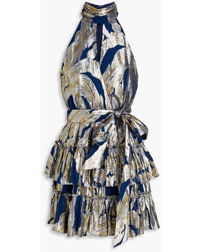 Rebecca Vallance Navarro Tiered Metallic Fil Coupé Silk-blend Chiffon Mini Dress - Blue