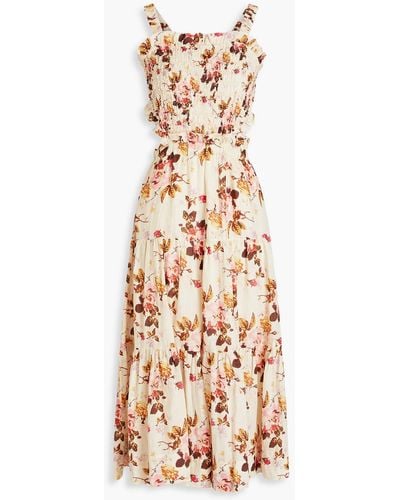 Sea Esme Tiered Floral-print Ramie Midi Dress - Brown