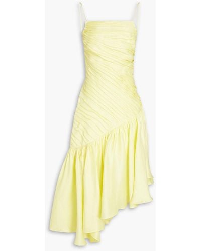 Rasario Asymmetric Pleated Linen-blend Midi Dress - Yellow