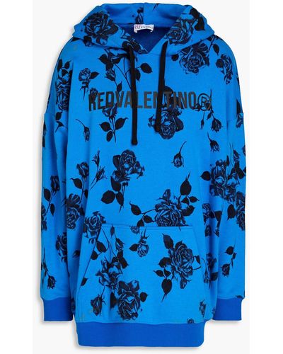 RED Valentino Printed French Cotton-blend Terry Hoodie - Blue