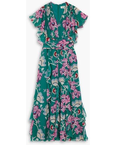 Diane von Furstenberg Bleuet Belted Ruffled Floral-print Chiffon Midi Dress - Green