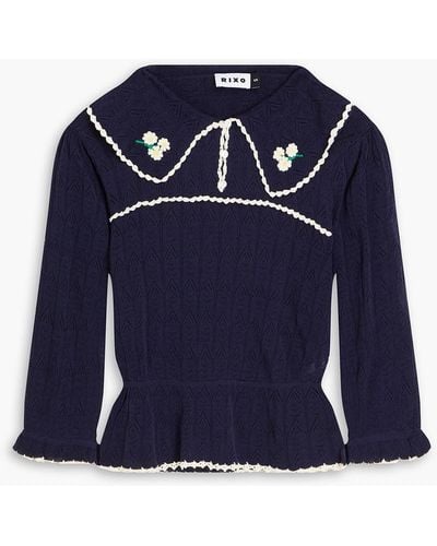 RIXO London Embroidered Pointell-knit Sweater - Blue