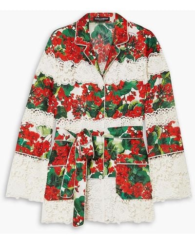 Dolce & Gabbana Floral-print Guipure Lace-paneled Cotton-blend Twill Shirt - Red