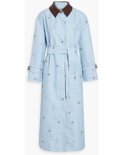 Sleeper Corduroy-trimmed Floral-print Trench Coat - Blue