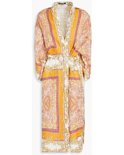 Maje Belted Printed Slub Linen Kimono - Orange