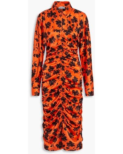 Ganni Ruched Floral-print Silk-blend Satin Midi Dress - Orange