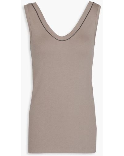 Brunello Cucinelli Bead-embellished Ribbed Cotton-blend Jersey Tank - Brown