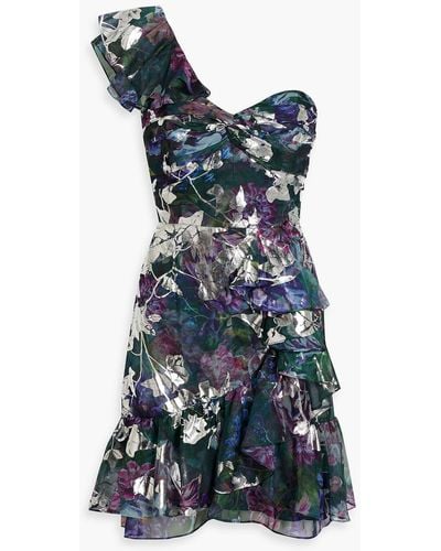 Marchesa One-shoulder Metallic Floral-print Chiffon Mini Dress - Blue