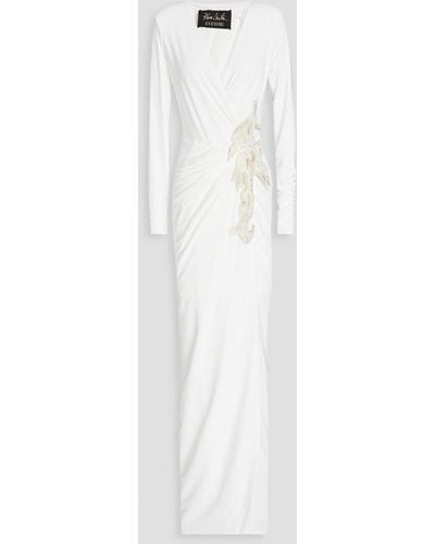 Rhea Costa Wrap-effect Embellished Satin-jersey Gown - White