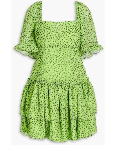 Ganni Tiered Floral-print Voile Mini Dress - Green