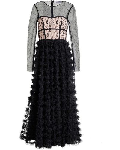 RED Valentino Paneled Ruffled Point D'esprit, Crepe And Lace Midi Dress - Black