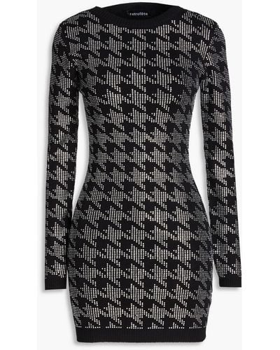 retroféte Leanna Embellished Houndstooth Cotton And Cashmere-blend Mini Dress - Black
