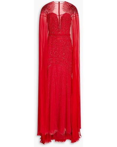 Zuhair Murad Cape-effect Embellished Tulle Gown - Red