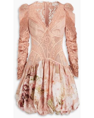 Zimmermann Dancer Lace-paneled Floral-print Silk And Linen-blend Mini Dress - Pink