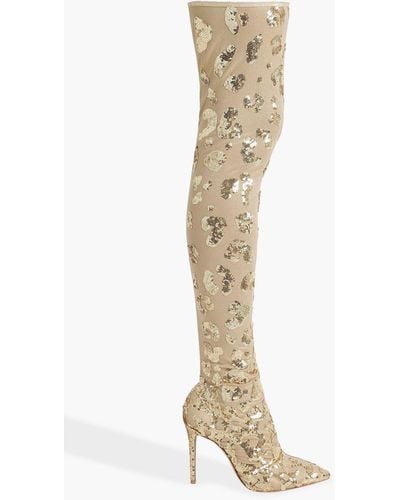 Gianvito Rossi Sequin-embellished Stretch-tulle Over-the-knee Boots - Metallic