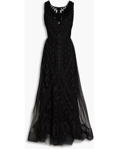 Alberta Ferretti Embroidered Tulle-paneled Embellished Taffeta Gown - Black