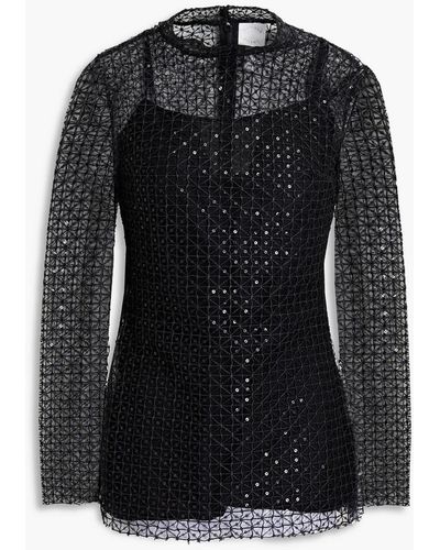 Huishan Zhang Sequin-embellished Fishnet And Tulle Top - Black