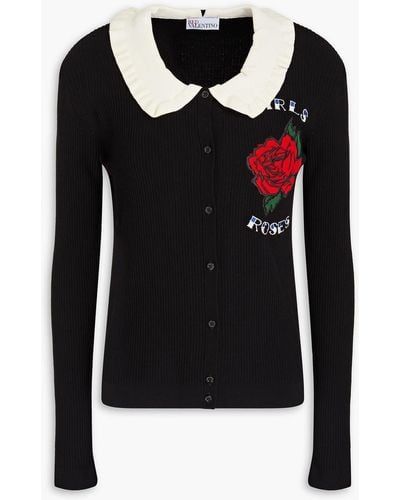 RED Valentino Embroidered Ribbed-knit Cardigan - Black