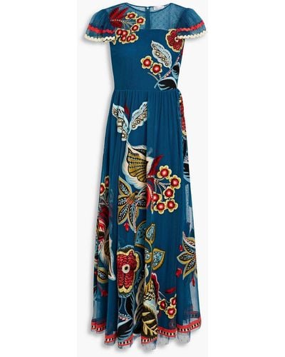 RED Valentino Gathered Embroidered Tulle Midi Dress - Blue
