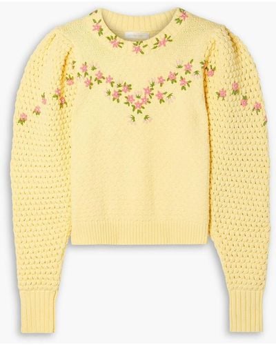 LoveShackFancy Kenzly Embroidered Pointelle-knit Cotton-blend Jumper - Yellow