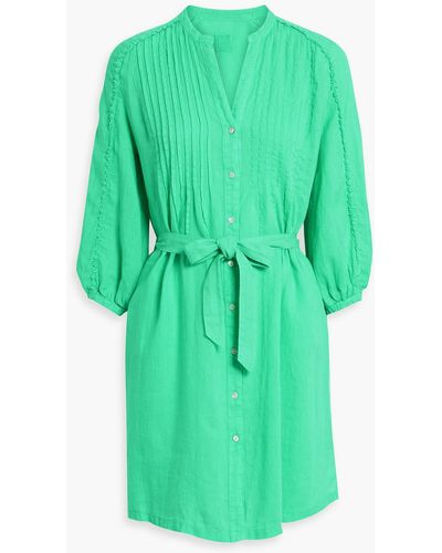 120% Lino Belted Pintucked Linen Mini Dress - Green