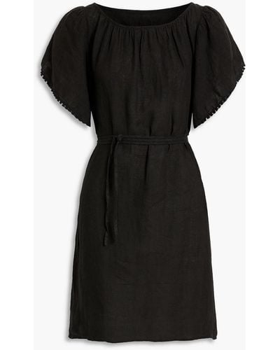 120% Lino Belted Tasseled Linen Mini Dress - Black
