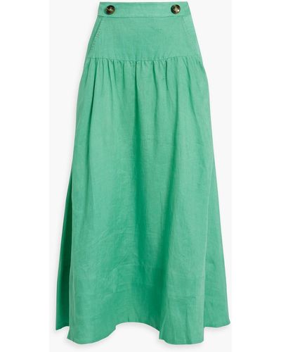 Saloni Della Gathered Linen Midi Skirt - Green