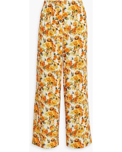 Onia Shirred Floral-print Linen-blend Wide-leg Pants - Yellow