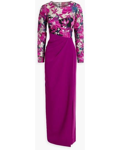 Marchesa Cutout Embroidered Tulle And Crepe Gown - Purple