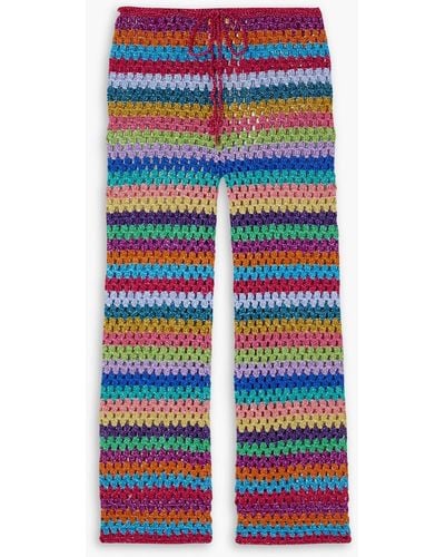 Rose Carmine Metallic Striped Crochet-knit Slim-leg Trousers - Blue