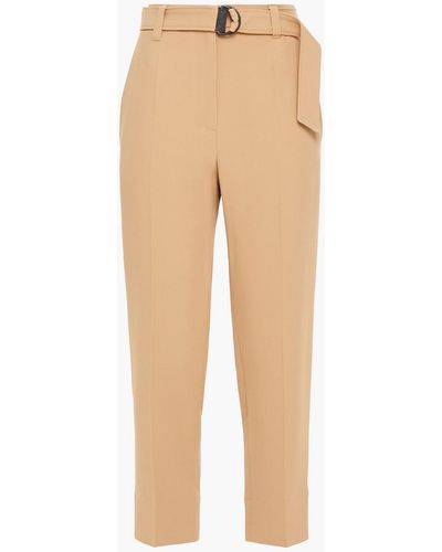 Brunello Cucinelli Cropped Belted Bead-embellished Crepe Tapered Pants - Natural