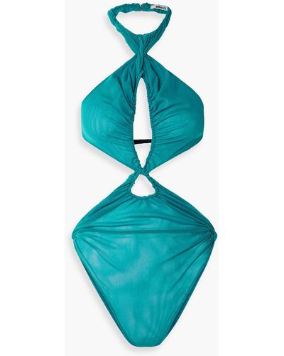 Supriya Lele Cutout Ruched Mesh Halterneck Bodysuit - Blue
