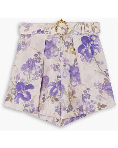 Zimmermann Lyrical shorts aus leinen mit blumenprint, falten und gürtel - Lila