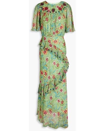 Saloni Vida Ruffled Printed Silk-georgette Maxi Dress - Green