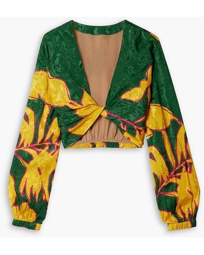 Johanna Ortiz East Africa Cropped Twist-front Printed Satin-jacquard Top - Green