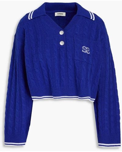 Sandro Cropped pullover aus einer woll-kaschmirmischung mit polokragen und stickereien - Blau