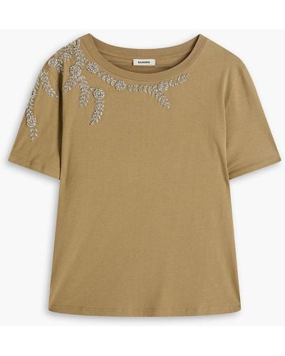 Sandro Bead-embellished Cotton-jersey T-shirt - Natural