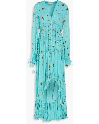 Rococo Sand Ruffled Sequin-embellished Georgette Maxi Dress - Blue