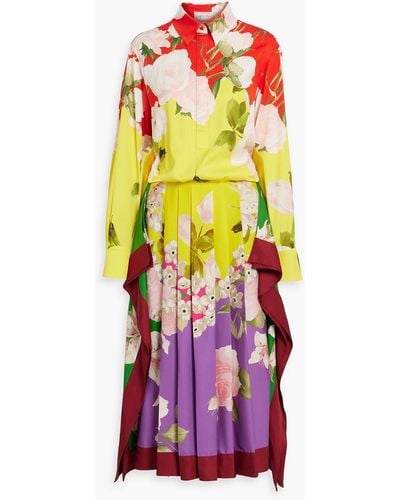 Valentino Garavani Pleated floral-print silk-blend twill midi shirt dress - Gelb