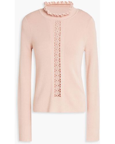 See By Chloé Macramé-trimmed Ruffled Wool-blend Turtleneck Sweater - Pink