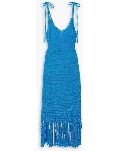 Alanui Sunset At The Beach Fringed Crocheted Cotton Midi Dress - Blue