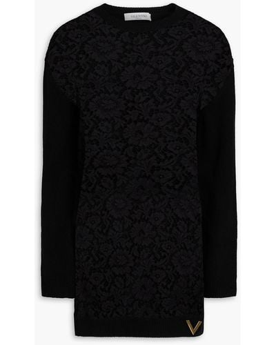 Valentino Garavani Corded Lace-paneled Wool And Cashmere-blend Jumper - Black