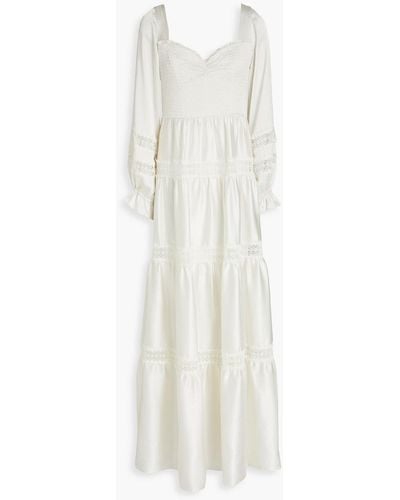 ML Monique Lhuillier Lace-trimmed Shirred Hammered-satin Maxi Dress - White