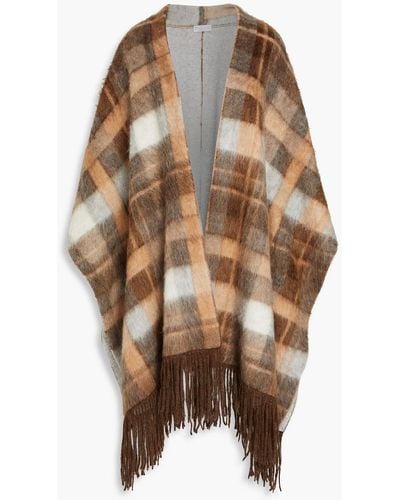 Brunello Cucinelli Bead-embellished Fringed Checked Felt Cape - Brown