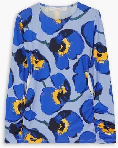 Carolina Herrera Ruched Floral-print Stretch-jersey Top - Blue